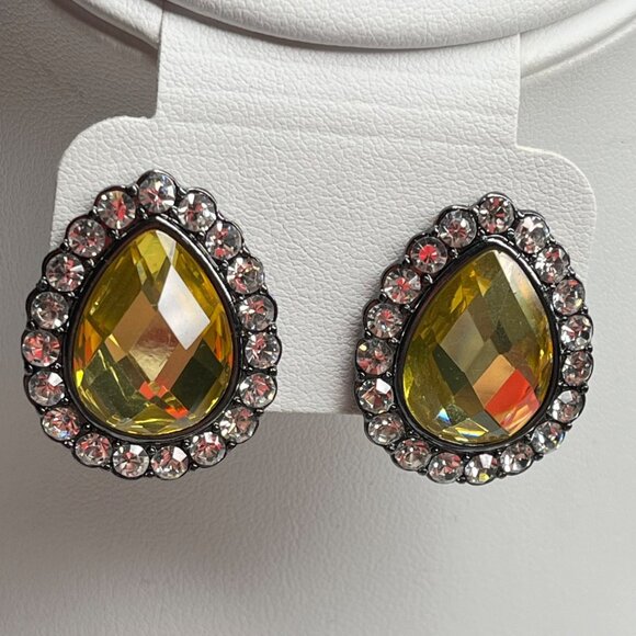 Vintage Joan Rivers Yellow Teardrop Crystal stud Earrings With Rhinestone Accent - Picture 1 of 4